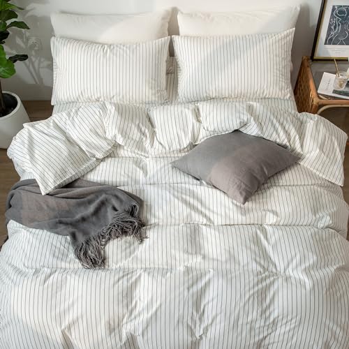 MooMee Striped Duvet Cover Set 100% Washed Cotton Linen Like Textured Breathable Durable Soft Comfy (White Dark Grey Wide Stripes, Queen 90"x90") MooMee