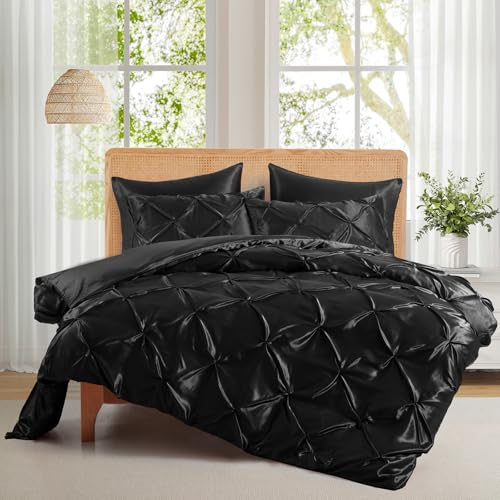 P Pothuiny 5 Pieces Satin Pintuck Duvet Cover Set, Silky Like Black Pinch Pleat Duvet Cover Full/Queen Size Luxury Bedding Set with Corner Ties, 2 Pillow Shams + 2 Pillowcases (No Comforter) P Pothuiny