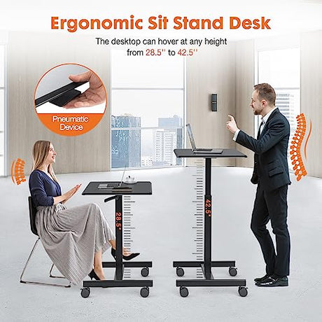 Sweetcrispy Small Mobile Rolling Standing Desk - Overbed Table, Mobile Portable Rolling Laptop PC Table with Locking Wheels, Adjustable Height Computer Workstation for Home Office, 19 Inch, Black Sweetcrispy