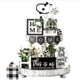 Tiered Tray Decor Set for Rustic Home Country Kitchen Dining Room Living Room Table Decorations Farmhouse Modern White and Black Tray Decorative with Wooden Beads and Board (No Tray) MKER HOME