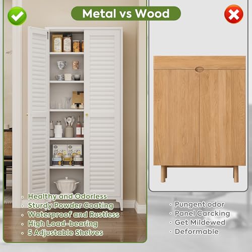 METALYEYE 74" H Kitchen Pantry Storage Cabinet, Metal Storage Cabinets with 5 Adjustable Shelves for Home, Kitchen, Living Room, Required Assembly, White METALYEYE