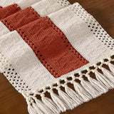 DeZerlor Boho Macrame Table Runner Terracotta Fall Farmhouse Woven Small Table Runner with Tassels 48 Inches Ivory& Rust Cotton Linen Kitchen Table Centerpiece for Dining Dresser Home Tea Table Decor DeZerlor