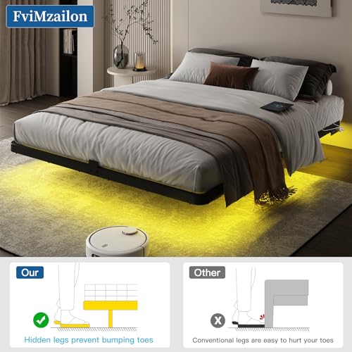 FviMzailon King Size Floating Bed Frame - Metal Platform Bed with Smart LED Lights & Charging Station, No Box Spring Needed, Easy Assembly FviMzailon