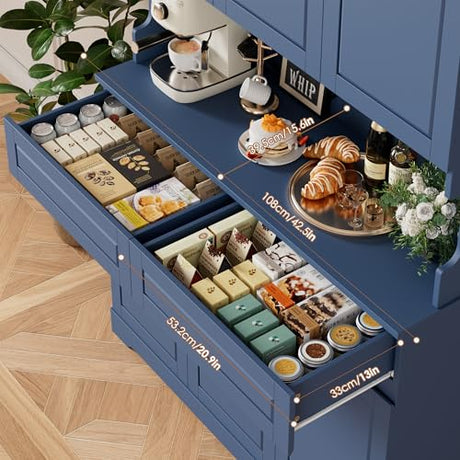FACBOTALL 74" Pantry Cabinet, Tall Kitchen Pantry Cabinet with 6 Doors and 2 Drawers, Kitchen Hutch with Wide Countertop, Modern Kitchens Cupboard with Adjustable Shelves and Charge Holes, Blue FACBOTALL