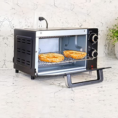 Total Chef Toaster Oven 4 Slice Small Compact Kitchen Appliance Pizza Bake Toast Rost Broil Bread Toaster Auto Shutoff timer Crumble Tray Natural Convection Countertop Black Stainless Steel