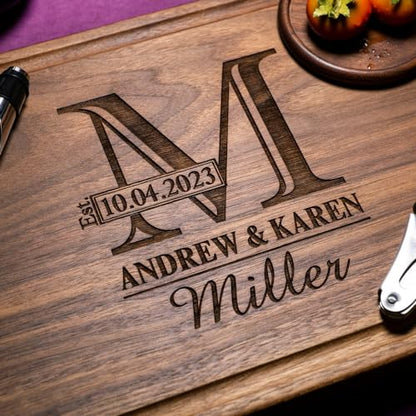 Straga Personalized Cutting Boards | Handmade Wood Engraved Charcuterie | Custom Wedding, Anniversary, Housewarming Gift for Couples Monogram Designs - WoodArtSupply