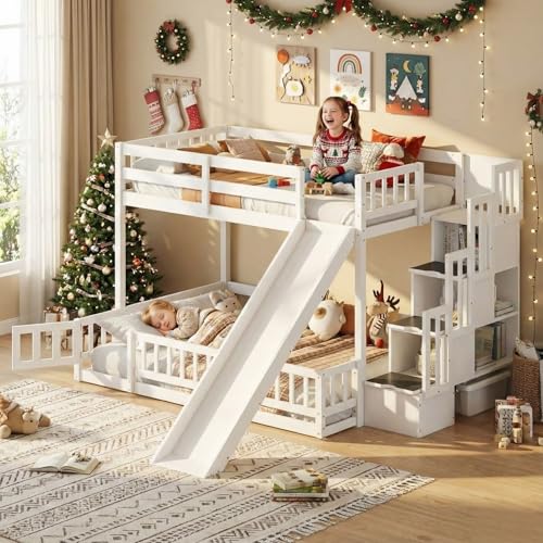 MoproBeti Twin Over Full Bunk Bed with Slide and Storage Stairs, Pine Wood Floor Kids Bunk Beds with Safety Fence Guardrails and Door for Girls Boys, White MoproBeti