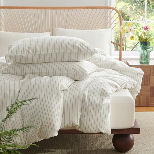 Nayoroom Striped Duvet Cover Queen Size 100% Washed Cotton White Brown Stripe Duvet Cover 3 Pieces Soft Breathable Girls Dorm Bedding Set for All Seasons, Yarn Dyed Process Nayoroom