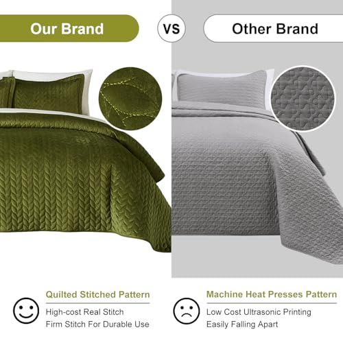 Ivellow Velvet Quilt Queen Size Green Lightweight Velvet Comforter Set Oversized Bedspread Coverlet Full for All Season 3Pcs Luxury Quilted Bedding Ivellow