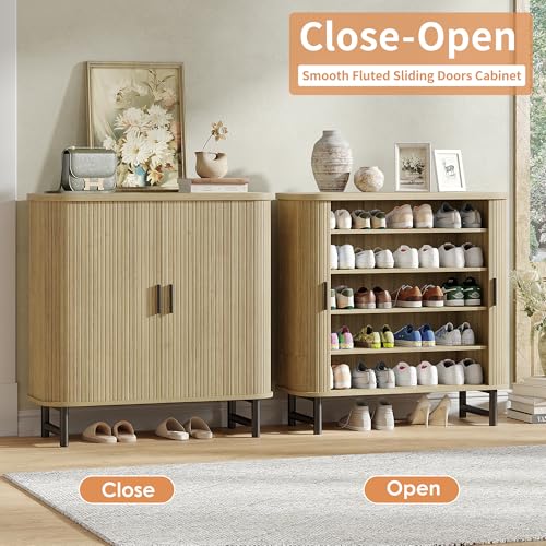 Maupvit Shoe Storage Cabinet with Smooth Fluted Sliding Doors, 5-Tier Shoe Cabinet Storage for Entryway, Narrow Hidden Shoe Rack for Front Door Entrance, Metal Handles and Legs, Natural Maupvit