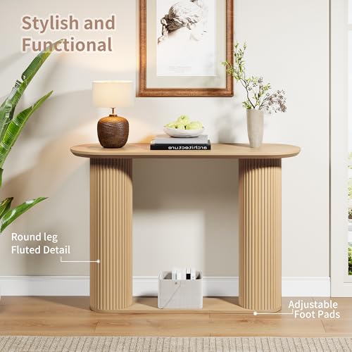AVZEAR Fluted Entryway Console Table with Storage Shelf, Oval Curved Couch Table Behind Sofa Modern Boho Console Tables Long and Skinny for Living Room Hallway Entrance Foyer, Nature Color AVZEAR