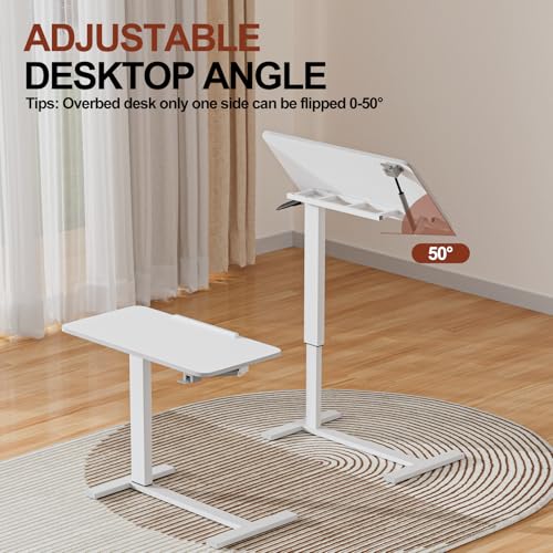 OUKMIC Mobile Standing Desk Portable Pneumatic Laptop Rolling Cart Adjustable Height, Tiltable Overbed Table Sit Stand Computer Workstations for Home Office w/Wheels Flat Desk 32", White OUKMIC