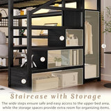 Mirightone Full Size Loft Bed with Desk & Stairs, Heavy-Duty Metal Loft Beds with Upper Shelves & Wardrobe, High Loft Bed Frame with LED and Charging Station for Boys, Girls and Teens (Black) Mirightone