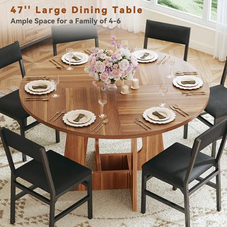 HUAHUU Round Dining Table Set for 6, 7-Piece Kitchen Table and Chairs for 6, 47'' Round Dining Room Table Set with 6 Chairs, Space Saving Dining Table with Wood Base for Kitchen, Living Room, Brown HUAHUU