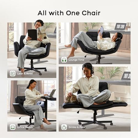 amseatec Criss Cross Chair with Armrests & Wheels, PU Leather Vanity Chair, Comfortable Adjustable Swivel Computer Office Desk Chairs for Home, Make Up, Bed Room (Black) amseatec