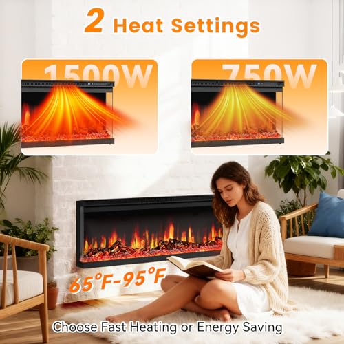 3 Sided Electric Fireplace, 50" Smart WiFi Fire Place Mount/Built-in, 12 Realistic Flame Colors, 5 Color Brightness, 1500W with Timer Remote Control, Log, Crystals JINJUNYE