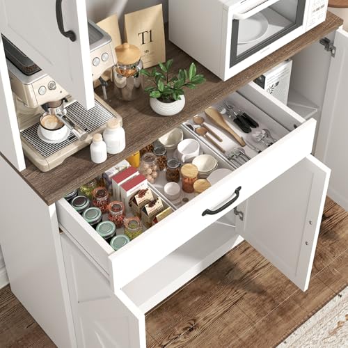 GRUSIGN 71" Pantry Cabinet with Charging Station, Large Capacity Kitchen Hutch Storage Cabinet, Kitchen Cabinet with Microwave Stand, Storage Drawers & Adjustable Shelves for Dining Room, White GRUSIGN