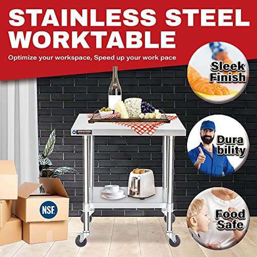 DuraSteel Food Prep Stainless Steel Table -30 x 24 Inch Metal Table Cart - Commercial Workbench with Caster Wheel - NSF Certified - For Restaurant, Warehouse, Home, Kitchen, Garage, Silver DuraSteel