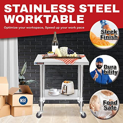 DuraSteel Food Prep Stainless Steel Table -30 x 24 Inch Metal Table Cart - Commercial Workbench with Caster Wheel - NSF Certified - For Restaurant, Warehouse, Home, Kitchen, Garage, Silver - WoodArtSupply