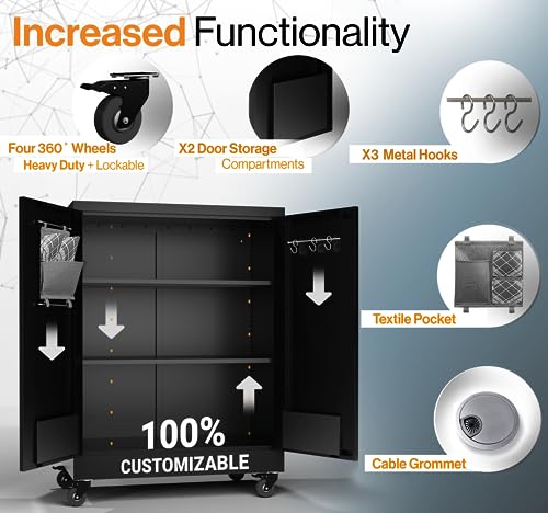 METALTIGER Metal Storage Cabinet with Wheels, 40" H Small Cabinet, Locking Storage Cabinet with Doors, Shelves & Accessories for Garage, Office, Home (Black) METALTIGER