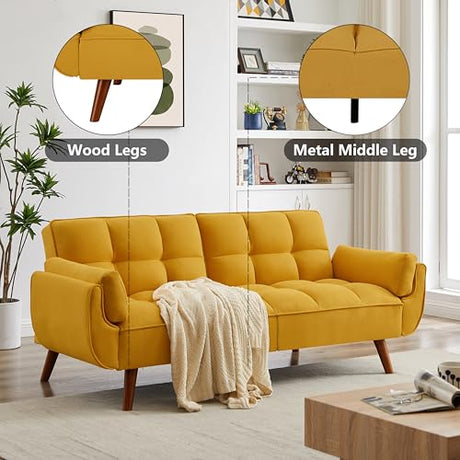 Betoko Convertible Futon Sofa Bed Sleeper Twin Size, Modern Reclining Linen Split Back Sofa Couch with Pillow Top Arm for Compact Living Room,Apartment (Yellow) Betoko