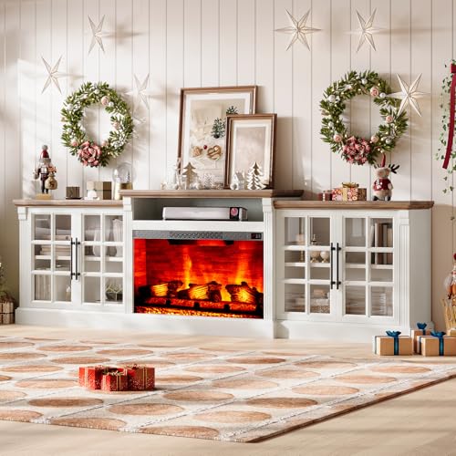 LUXOAK 97" Farmhouse TV Stand with 33" Fireplace for TVs up to 100", Media Entertainment Center with Large Storage Cabinet Adjustable Shelves for Living Room, White/Barnwood LUXOAK