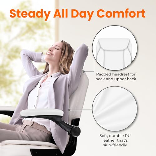NEO CHAIR Office Desk Computer Chair Ergonomic Executive Mid-Back Leather Gaming Chair with Adjustable Flip-Up Armrests Wheels Swivel for Home Study Task (White) NEO CHAIR