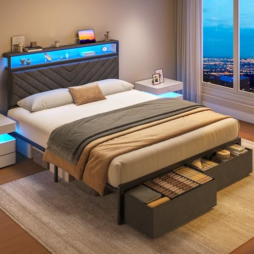 Fluest Queen Bed Frame with 2 Drawers, Upholstered Headboard with Storage and Charging Station, LED Lights, Fabric Drawers with Wheels, Under Bed Storage, No Box Spring Needed, Easy Assembly, Grey Fluest