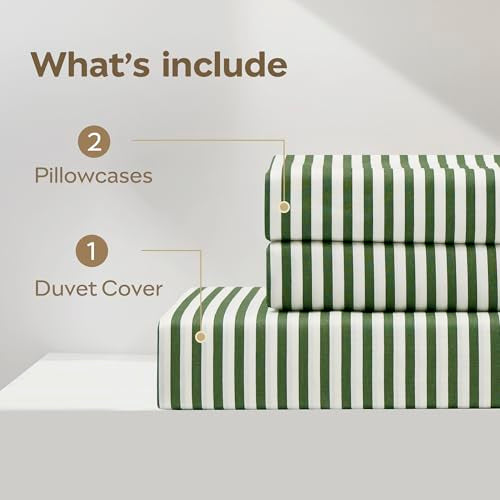 JELLYMONI 100% Natural Cotton 3pcs Striped Duvet Cover Sets,White Duvet Cover with Green Stripes Pattern Printed Comforter Cover,with Zipper Closure & Corner Ties(Full Size) JELLYMONI
