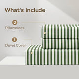 JELLYMONI 100% Natural Cotton 3pcs Striped Duvet Cover Sets,White Duvet Cover with Green Stripes Pattern Printed Comforter Cover,with Zipper Closure & Corner Ties(Full Size) JELLYMONI