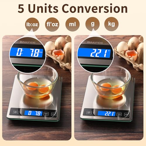 BakFee Food Scale, 33lb Digital Kitchen Scale with Stainless Steel & Tempered Glass, USB Rechargeable, 1g/0.05oz Precise Weighing, Splash-Resistant and Sturdy Surface, for Cooking, Baking, Weight Loss