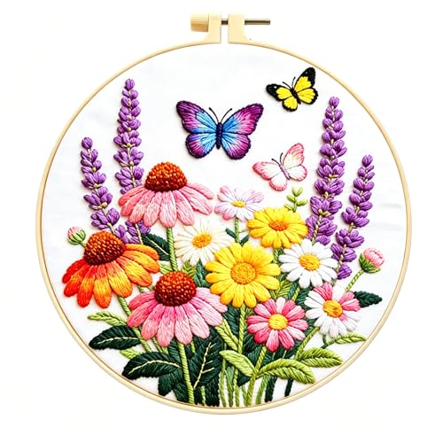 Zhenqing Flower Garden Embroidery Kit for Beginners, Pre-Printed 29x29cm Circular Cotton Fabric with 20cm Hoop, Vibrant Design with Butterflies and Lavender(JC0050