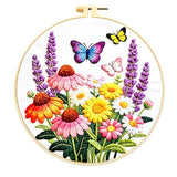 Zhenqing Flower Garden Embroidery Kit for Beginners, Pre-Printed 29x29cm Circular Cotton Fabric with 20cm Hoop, Vibrant Design with Butterflies and Lavender(JC0050