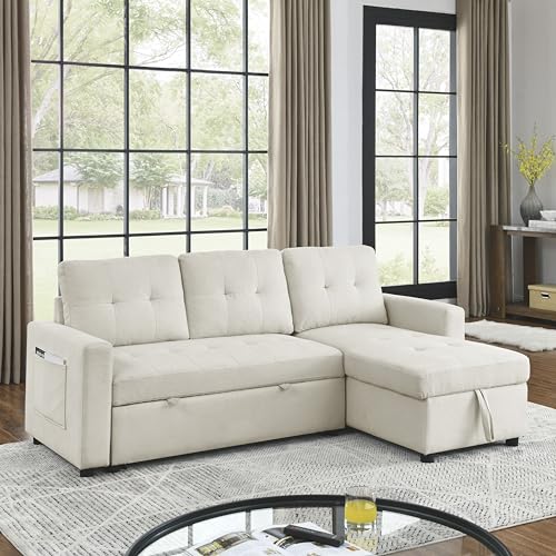 L-Shaped Reversible Sleeper Sectional Sofa Pull Out Couch Bed , Button Tufted Linen Convertible Pullout Sofabed with Storage Chaise Lounge and Detachable Cushion Back for Living Room Apartment Corner Eafurn