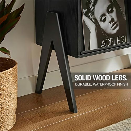 Record Player Stand with Vinyl Storage, 32" Turntable Stand with Flip-Up Album Display, Mid Century Modern Black Vinyl Record Storage Cabinet, Audio Media Console Table with V-Shape Legs FurnPulse