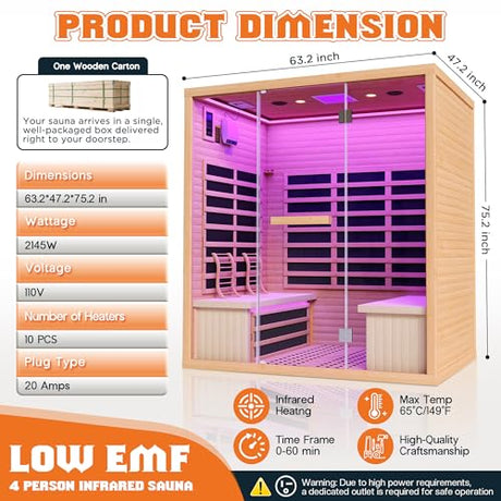Albott Infrared Sauna 4 Person, Infrared Saunas for Home, Low EMF 2145W/110V/20A Hemlock Wood Dry Sauna with Tourmaline Foot Warmer, 7-Color Light Therapy & Ambient Light Strips, 63.2"x47.2"x75.2" Albott