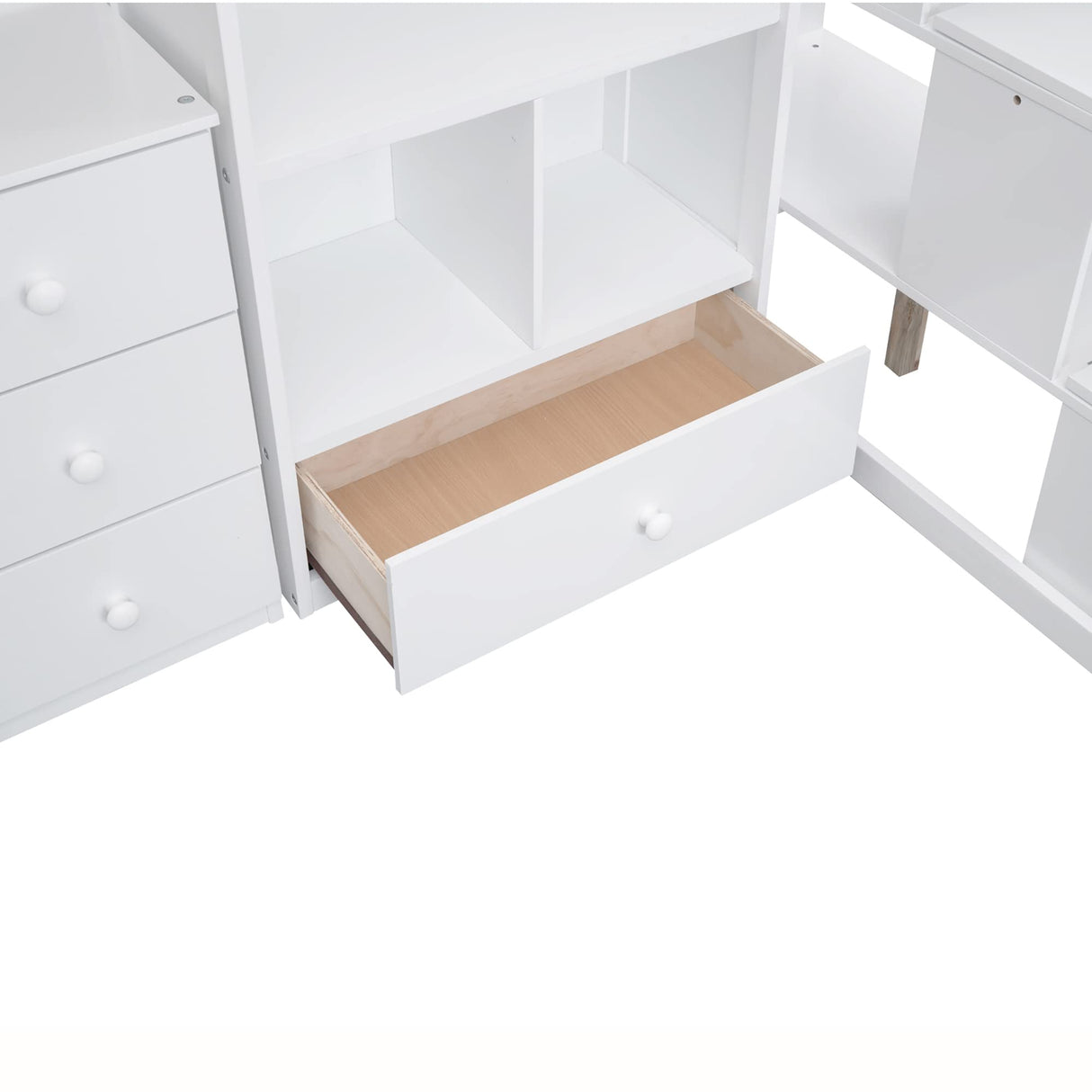 Modern Multi-Functional Twin Size Loft Bed with L-Shaped Desk, Drawers, and Storage Staircase in White Hlcodca