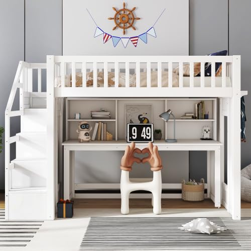 Bellemave Twin Size Low Loft Bed with Movable Desk & Storage Shelves, Kids Twin Loft Bed Frame with Storage Stairs & Hanger, White Bellemave