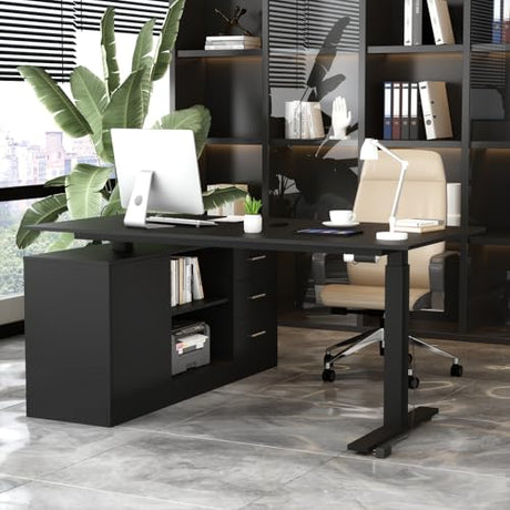 Hitow L Shaped Standing Desk Height Adjustable, 63" W Electric Sit Stand Desk with Drawers & Storage Cabinet, Reversible Home Office Table Corner Computer Workstation, Modern Black (29.1"-44" H) Hitow