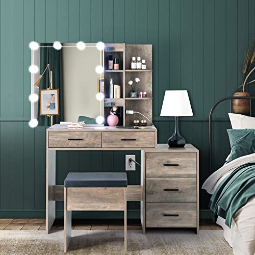 VINGLI Vanity Desk with Sliding Mirror & Lights & Charging Station & Drawers & Shelves, Farmhouse Modern Makeup Vanity Set with Stool for Bedroom - WoodArtSupply