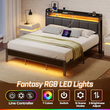 Rolanstar Bed Frame King Size with Charging Station and LED Lights, Upholstered Headboard with Storage Shelves, Heavy Duty Metal Slats, No Box Spring Need, Noise Free, Easy Assembly, Dark Grey Rolanstar