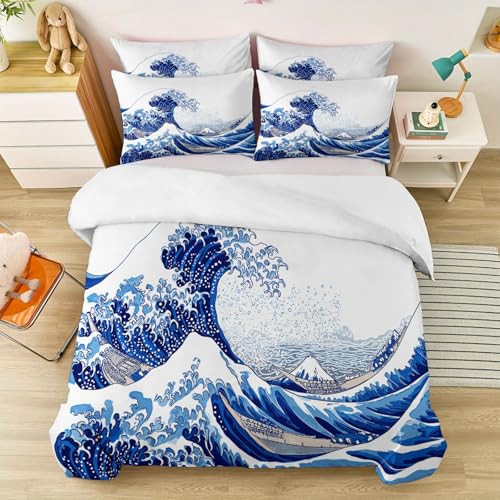 Single 61" x 79" Bedding Duvet Cover Set - Blue Minimalist Abstract Ocean Waves Printed 3 Piece Brushed Microfiber Comforter Quilt Cover with Zipper Closure for Men and Women Generic