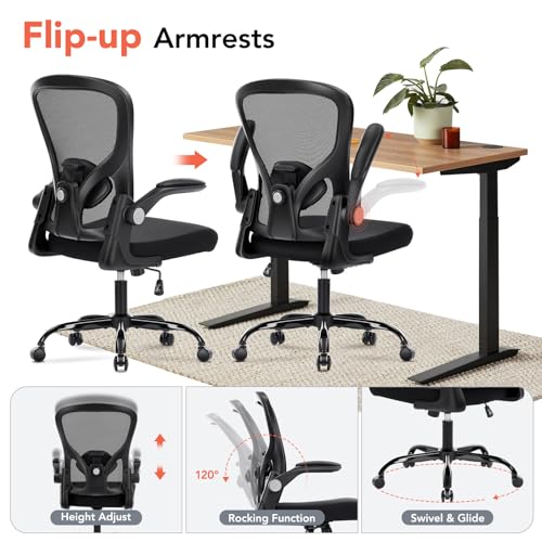 shipborne Ergonomic Office Chair, Computer Desk Chair with Adjustable Lumbar Support, Breathable Mesh Office Chair with Flip-up Armrests, Rocking Function, Comfy Home Office Desk Chair, Black shipborne