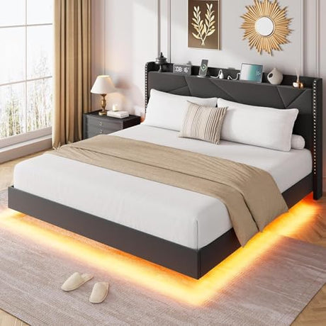Garvee Full Size Floating Bed Frame with RGB LED Lights and Charging Station, Upholstered Platform Bed with Storage Headboard and Button Tufted Design, No Box Spring Needed, Black Garvee