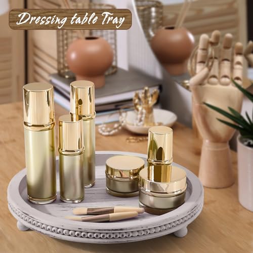 Handmade Wooden Serving Tray, Small Beaded Coffee Table Tray Decor, Grey Round Decorative Tray for Coffee Table, Dining Room Table Entryway and KULEDM