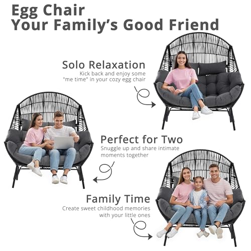IRONCK Double Egg Chair Outdoor, 2 Person Wicker Lounge Chair, Oversized Thickened Padded Cushions and Headrests, 680 Lbs Egg Loveseat for Indoor, Patio, Living Room, Porch, Balcony, Dark Grey IRONCK