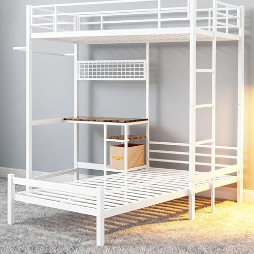 KEIKI Twin Over Twin Size Bunk Bed with Desk, L-Shaped Metal Bunk Bed Storage Shelves, Loft Beds with Safety Guardrail and Ladder for Teen, White KEIKI