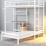 KEIKI Twin Over Twin Size Bunk Bed with Desk, L-Shaped Metal Bunk Bed Storage Shelves, Loft Beds with Safety Guardrail and Ladder for Teen, White KEIKI