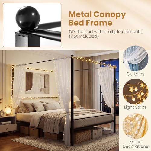 Giantex King Size Metal Canopy Bed Frame, Modern Platform Bed Frame with 4 Poster & Headboard, Mattress Foundation with Sturdy Metal Slat Support, No Box Spring Needed, Easy Assembly, Black