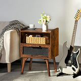 Lerliuo Rattan Nightstand, Boho Side Table with Drawer Open Shelf, Cane Accent Bedside End Table with Solid Wood Legs for Bedroom, Dorm and Small Spaces (Brown) Lerliuo